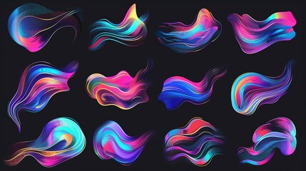 Poster - set of swirling neon wave patterns 3d rendering image. luminous abstract shapes. futuristic fluids h