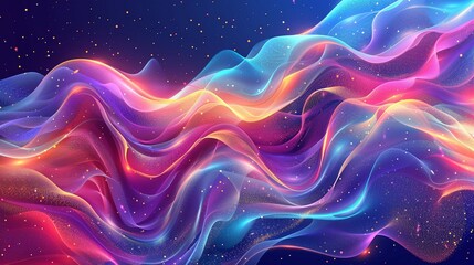 Poster - Dreamy neon silk with sparkles 3d rendering image. Layers of translucent waves dreamlike background wallpaper colorful realistic. Abstract motion. Visual harmony concept idea