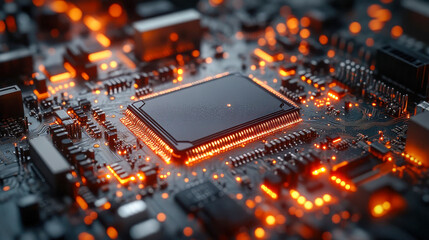 Poster - Close-up of an illuminated computer processor on a glowing motherboard, emphasizing technology and innovation