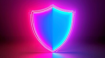 Poster - Neon Cyber Shield, a vibrant neon symbol representing advanced data protection, conveys high-tech security in a digital landscape filled with cyber threats.