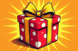 © Olha Ye - Vibrant gift box with polka dots and yellow ribbon on starburst background. comic art book
