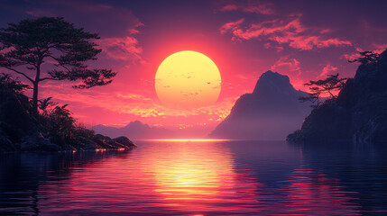 Wall Mural - stunning sunset over tranquil water with dramatic mountains and vibrant sky colors in a serene lands