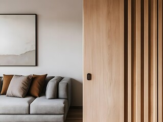 Poster - Cozy Interior Design with Clean Lines Featuring a Modern Sofa and Elegant Wooden Door in a Minimalistic Living Room Setting