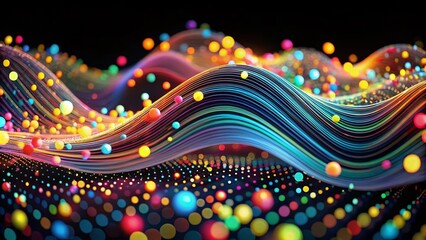 Poster - Vivid 3D Abstract Dots with Shining Bright Lines Creating a Colorful Wave on a Black Background - Stunning Bokeh Effect for Modern Digital Art and Design