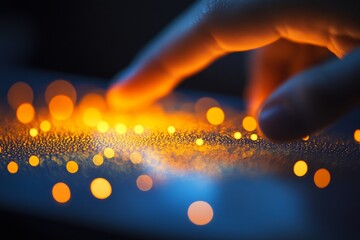 Poster - Close-Up of a Finger Gently Touching a Surface with Glowing Orange and Yellow Particles, Creating an Ethereal and Dreamy Atmosphere in Dark Background