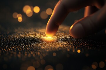 Poster - Close-Up of a Finger Touching a Vibrant Golden Surface with Abstract Patterns and Bokeh Lights in Low Light Setting, Creating a Sense of Connection and Innovation