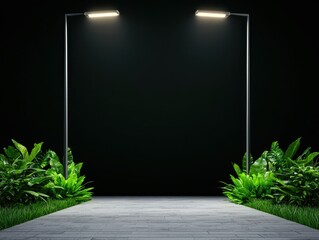 Aufkleber - A serene pathway illuminated by street lamps, flanked by lush greenery, set against a dark backdrop, creating a tranquil nighttime atmosphere.