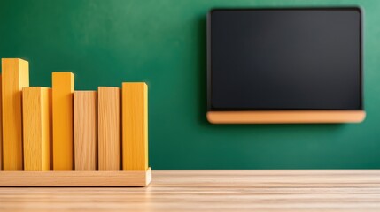 Poster - a wooden block chart stands on a table in front of a green wall, with a mounted black screen above, 