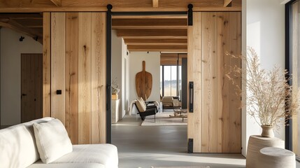 Poster - Serene Modern Interior with Wooden Sliding Doors and Minimalist Decor, Showcasing Natural Light and Earthy Tones in a Cozy Living Space