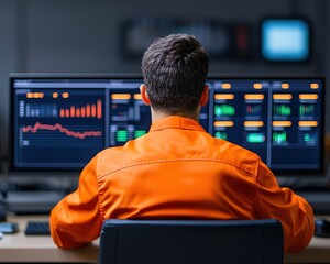 Fototapete - A focused individual in an orange outfit analyzes data on multiple screens displaying graphs and metrics.