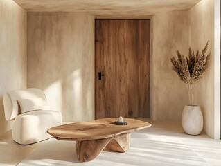 Poster - Serene Interior Space Featuring Minimalist Design, Natural Wood Elements, Soft Textures, and Elegant Decor in Warm Neutral Tones for Modern Living