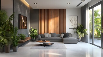 Poster - Modern Living Room with Elegant Furniture, Natural Light, and Lush Greenery, Featuring Minimalist Design and Warm Wood Accents for a Cozy Atmosphere