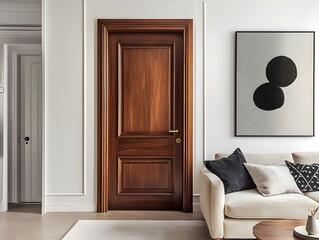 Poster - Elegant Interior Design Featuring a Stylish Wooden Door and Modern Artwork in a Bright and Airy Living Space with Cozy Furniture and Neutral Colors