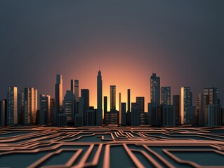 Poster - a futuristic city skyline at sunset, with illuminated skyscrapers and circuit-like patterns in the f