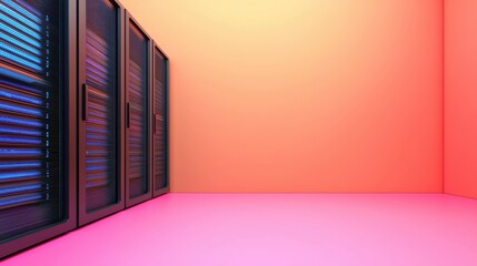 Poster - A modern server room featuring sleek racks with colorful lights, set against a vibrant pink and orange backdrop.