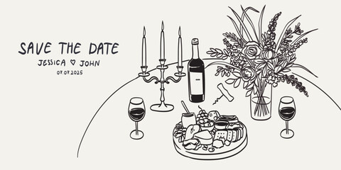 save the date in la dolce vita sketch style. hand drawn food illustrations on table. italian romanti