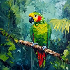 A stunningly vibrant green parrot with red and yellow accents perched on a wooden branch in a natural tropical setting