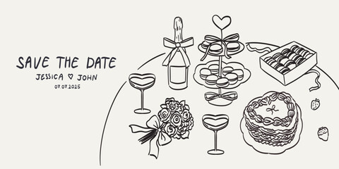 save the date in la dolce vita sketch style. hand drawn food illustrations on table. romantic dinner