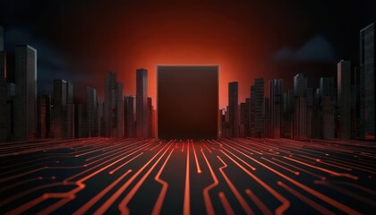 Leinwandbilder - A futuristic landscape featuring a glowing, black cube amid a city skyline, with circuit patterns and a dramatic red backdrop.