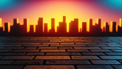 Leinwandbilder - A vibrant sunset casts colorful hues behind a silhouetted city skyline, illuminating a textured brick foreground.