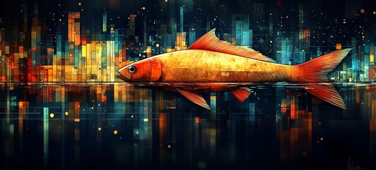 Poster - A vibrant, stylized fish glides through a kaleidoscopic underwater scene. The colorful background features geometric patterns in shades of blue, orange, and yellow, creating a dynamic mood.