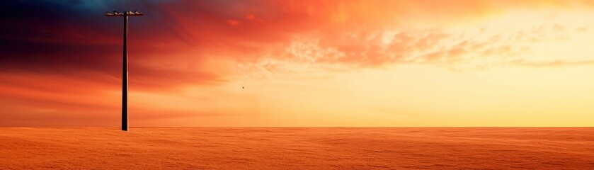 Poster - A solitary power pole stands against a vibrant sunset, casting shadows over a vast, golden landscape under a colorful sky.