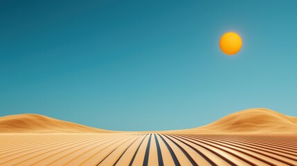 Poster - A vast desert landscape with rolling sand dunes under a clear blue sky and a bright sun shining above.