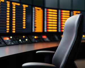 Leinwandbilder - A sleek office chair in front of a high-tech control panel with illuminated screens displaying data and information.