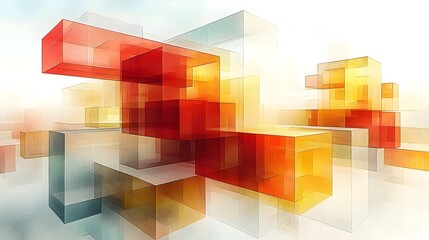 Poster - An abstract composition of translucent cubes in vibrant reds, oranges, and yellows. The interplay of colors creates a dynamic and energetic atmosphere.