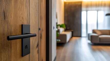 Poster - A Modern Wooden Door Handle Leading into a Stylishly Designed Living Room Featuring Natural Light and Contemporary Furniture in a Cozy Atmosphere