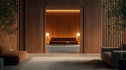 Poster - Modern Minimalist Interior Design with Wooden Accents and Cozy Furniture in a Calm Lounge Environment Featuring Soft Lighting and Natural Elements