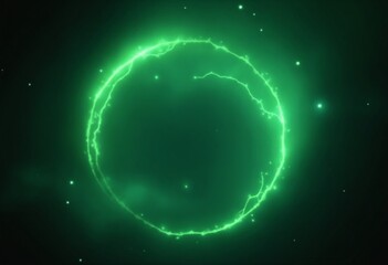 Poster - Green abstract plasma lightning ring with glowing particles swirling in dark sky fantasy concept art