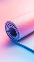 Aufkleber - Close up of a rolled yoga or pilates mat illuminated with neon pink and blue light, creating a vibrant and modern fitness background