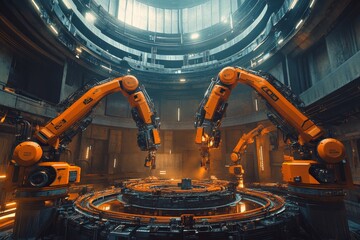 Aufkleber - Futuristic Industrial Scene with Orange Robotic Arms Operating in a High-Tech Environment with Circular Platform and Dim Ambient Lighting