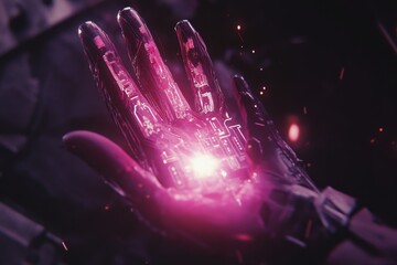 Poster - Futuristic Robotic Hand with Glowing Core in a Sci-Fi Setting, Showcasing Advanced Technology, Digital Art, and Intricate Circuit Patterns in Vibrant Neon Colors