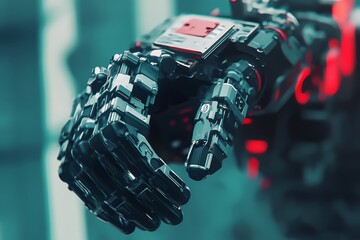Aufkleber - Futuristic Robotic Hand with Sleek Metal Design and Glowing Red Accents, Symbolizing Advanced Technology and Innovation in Robotics and Automation