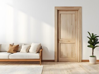 Poster - Modern Living Room Featuring Light Wood Door, Comfortable Sofa, Indoor Plant, and Natural Light Enhancing Minimalist Decor and Cozy Ambiance