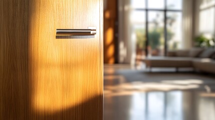 Poster - Modern Interior with Wooden Door Handle Leading to Bright Living Space Surrounded by Natural Light and Contemporary Furniture in Cozy Atmosphere