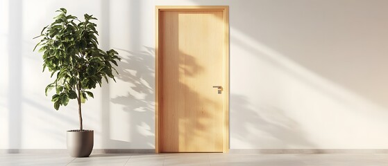 Poster - Inviting Interior Scene Featuring a Modern Wooden Door and Lush Green Potted Plant in a Bright, Minimalist Room with Soft Natural Light