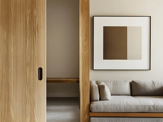 Poster - Modern Minimalist Living Room Featuring Natural Wood Elements, Neutral Tones, Contemporary Sofa, and Artistic Wall Decor in a Stylish Interior Space