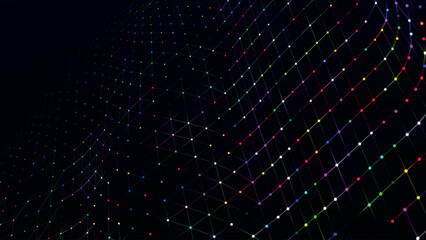 Poster - Futuristic point wave of particles. Visualization of sound waves. Dark background. Technology or science banner. Abstract, colorful digital 3D wave. Vector illustration.
