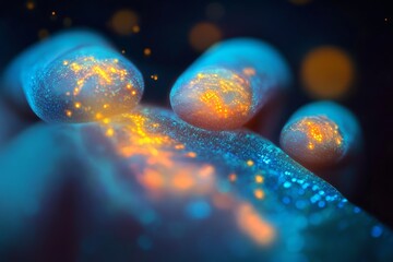 Poster - Macro View of Glowing Fingers with Abstract Light Patterns and Bokeh Effects in a Dark Background Illustrating Digital Connectivity and Technology