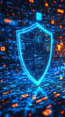 Poster - blue neon shield icon stands out against vibrant background of encrypted data, symbolizing digital s