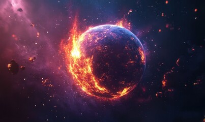 Wall Mural - Burning Planet in Space with Asteroids and Stars