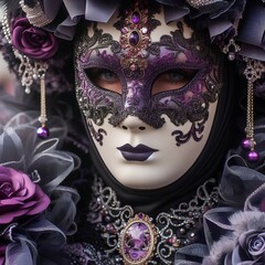 Wall Mural - Venetian carnival mask, ornate purple and gold details, intricate floral patterns, dark mysterious background