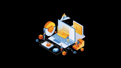 Aufkleber - This vibrant isometric illustration blends technology and business analytics, featuring graphs, gears, and digital interfaces. It's perfect for projects on innovation, digital marketing, and teamwork 