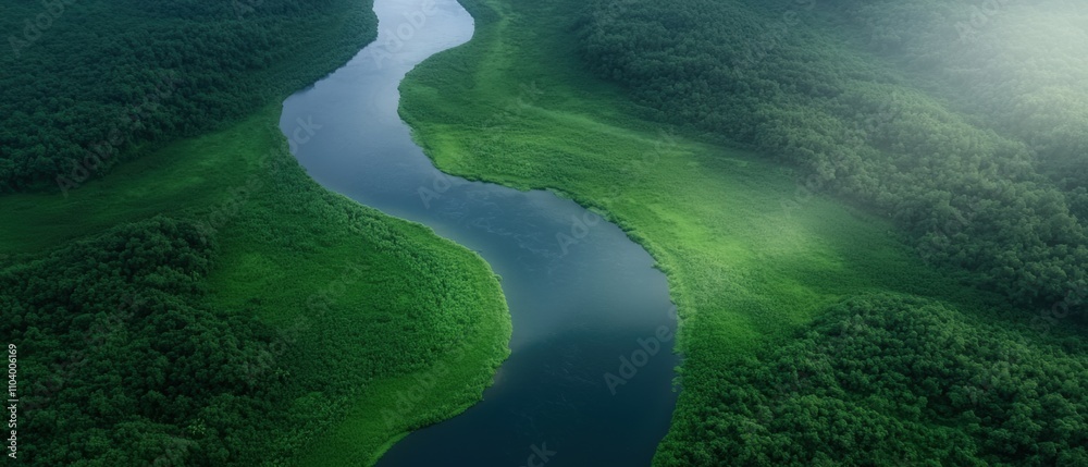 n aerial view of a river flowing through a lush green forest. The river ...