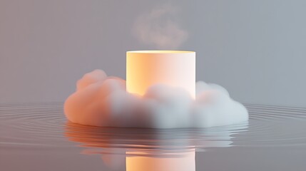 A stylish packaging model floats gently on a billowing cloud in a tranquil, dreamy sky filled with subtle glowing tones.