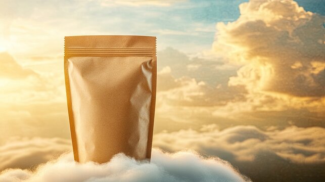 Dreamlike packaging mockup placed on a cloud in a vibrant sunrise setting with golden highlights and soft shadows. No visible text.