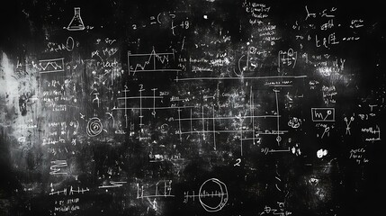 Wall Mural - Blackboard background inscribed with physics laws, chemical symbols, and scientific notations